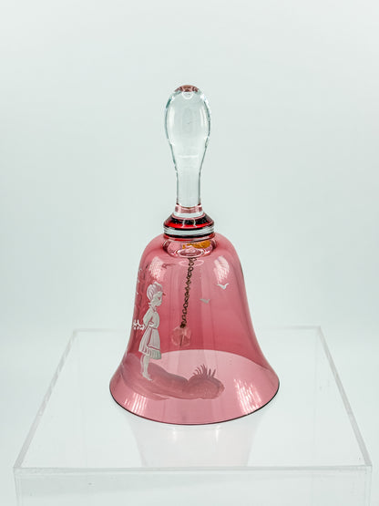 Vintage Mary Gregory Cranberry Glass Bell – White Enamel Girl