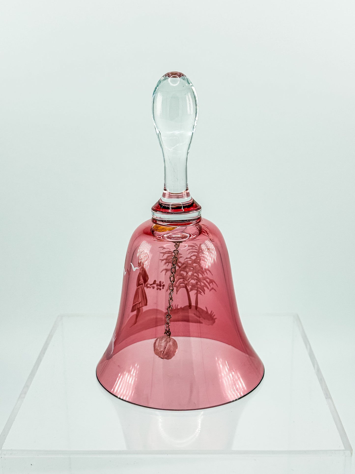 Vintage Mary Gregory Cranberry Glass Bell – White Enamel Girl