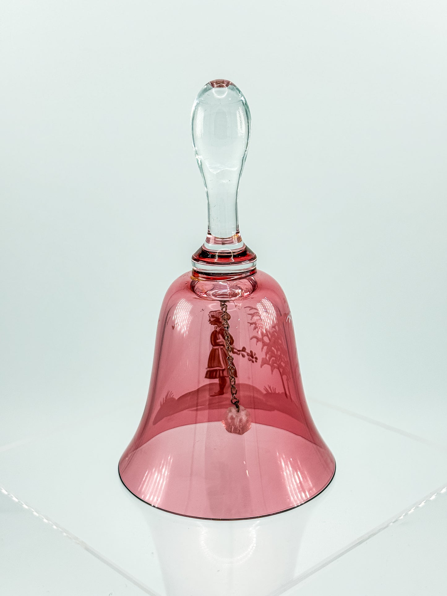 Vintage Mary Gregory Cranberry Glass Bell – White Enamel Girl