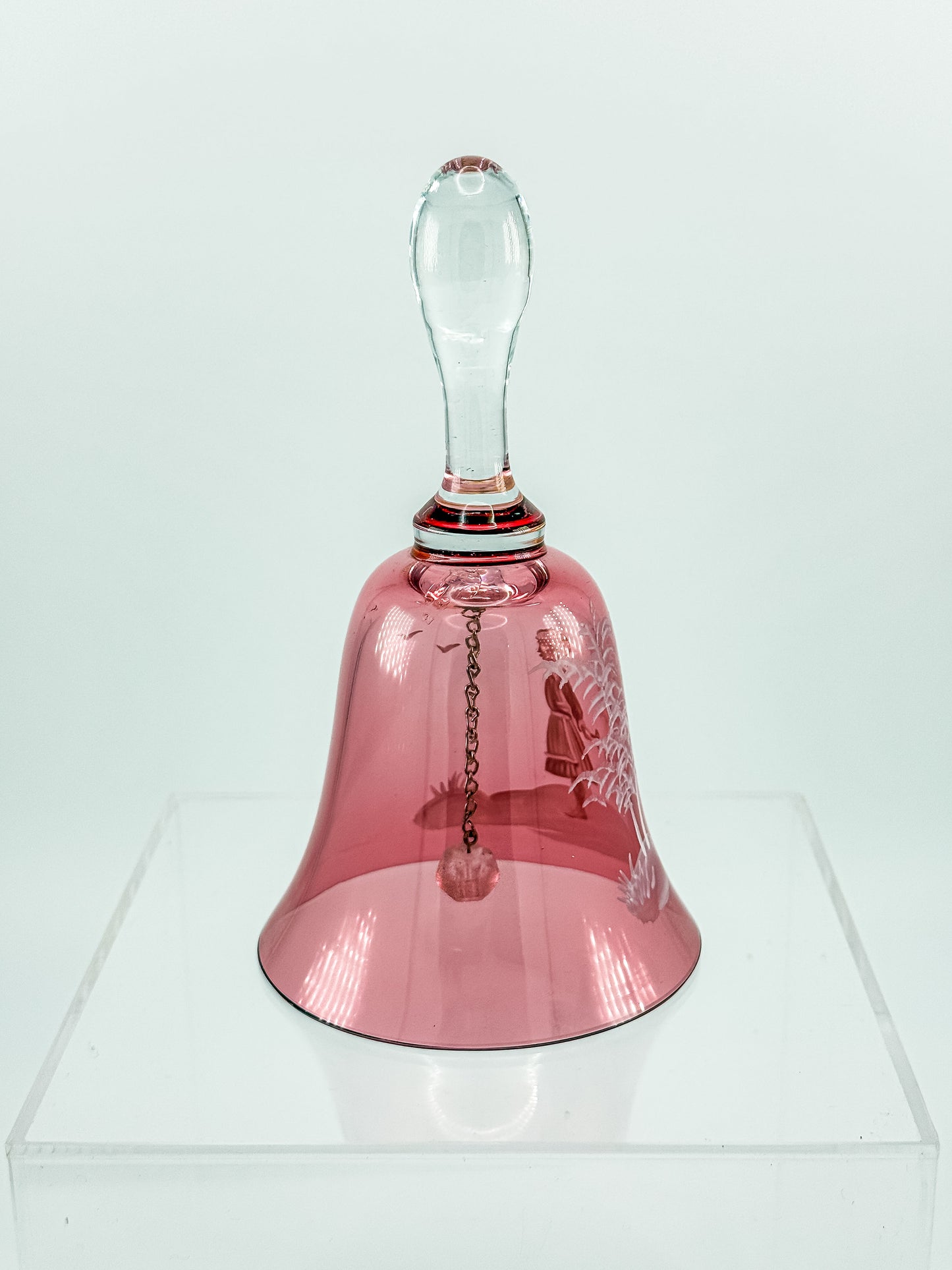 Vintage Mary Gregory Cranberry Glass Bell – White Enamel Girl