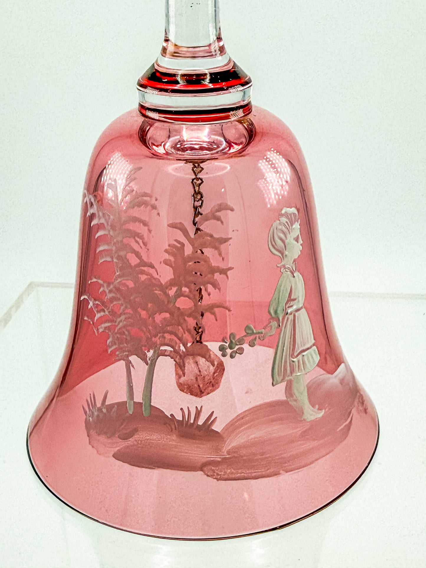 Vintage Mary Gregory Cranberry Glass Bell – White Enamel Girl