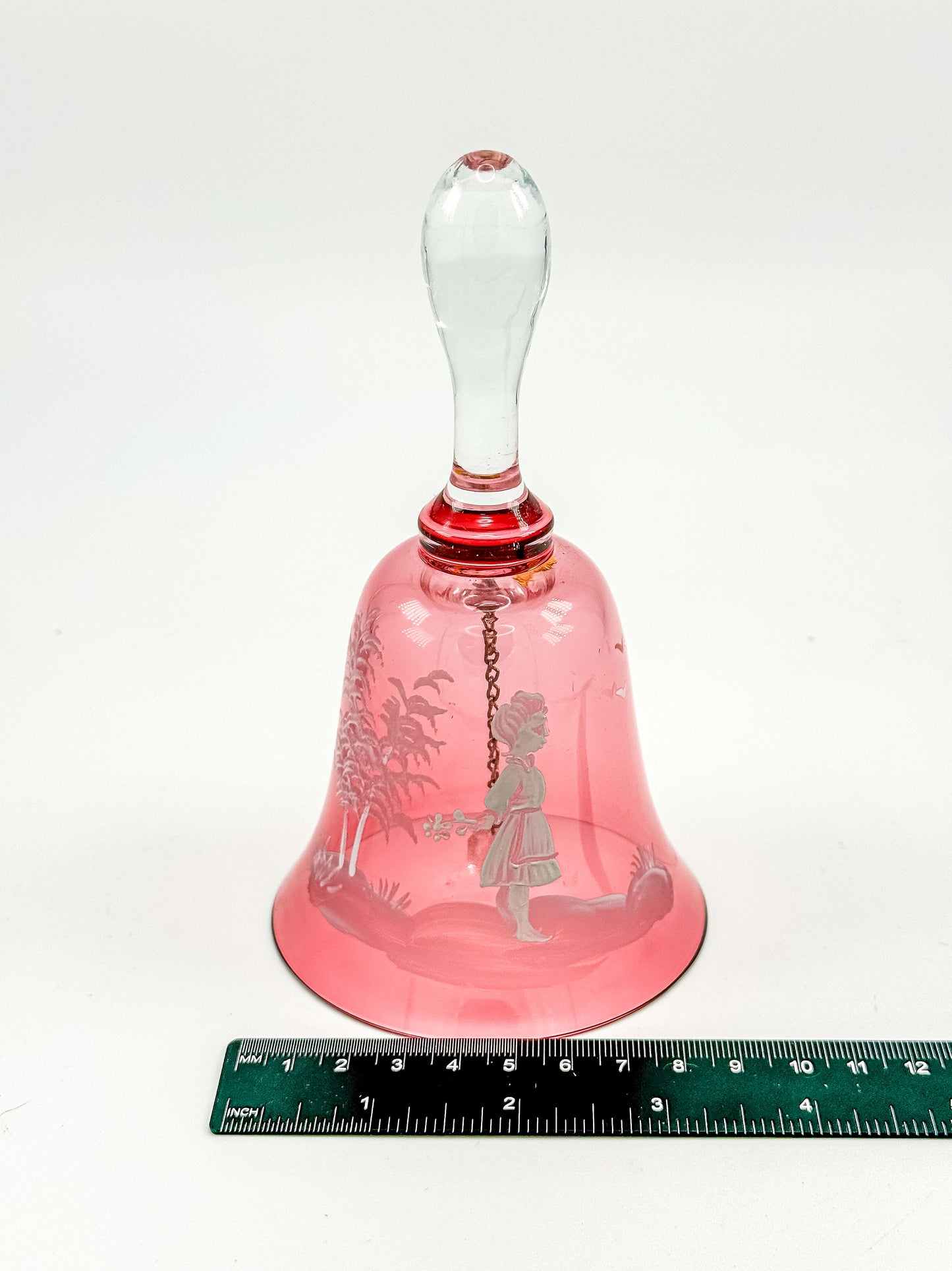 Vintage Mary Gregory Cranberry Glass Bell – White Enamel Girl