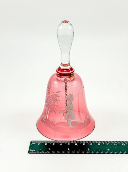 Vintage Mary Gregory Cranberry Glass Bell – White Enamel Girl