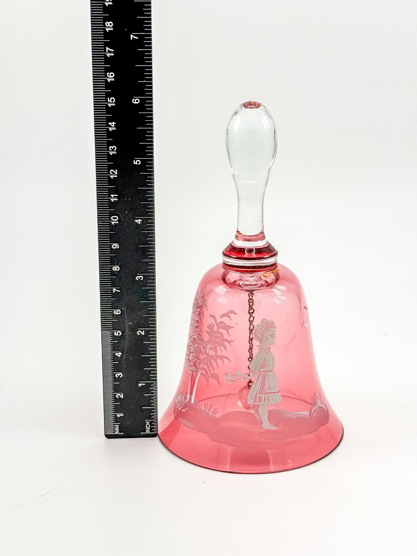 Vintage Mary Gregory Cranberry Glass Bell – White Enamel Girl