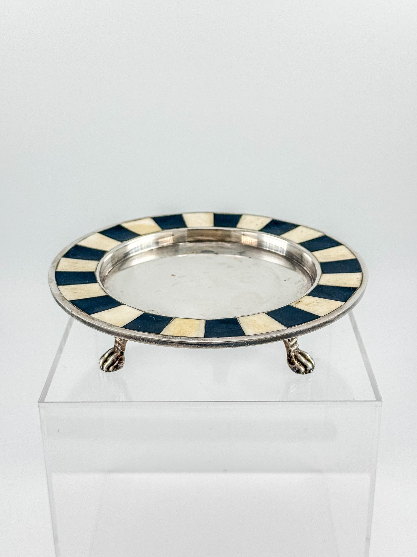 Vintage Silver Plate Footed Dish – Black & Bone Inlay