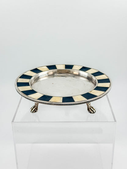 Vintage Silver Plate Footed Dish – Black & Bone Inlay