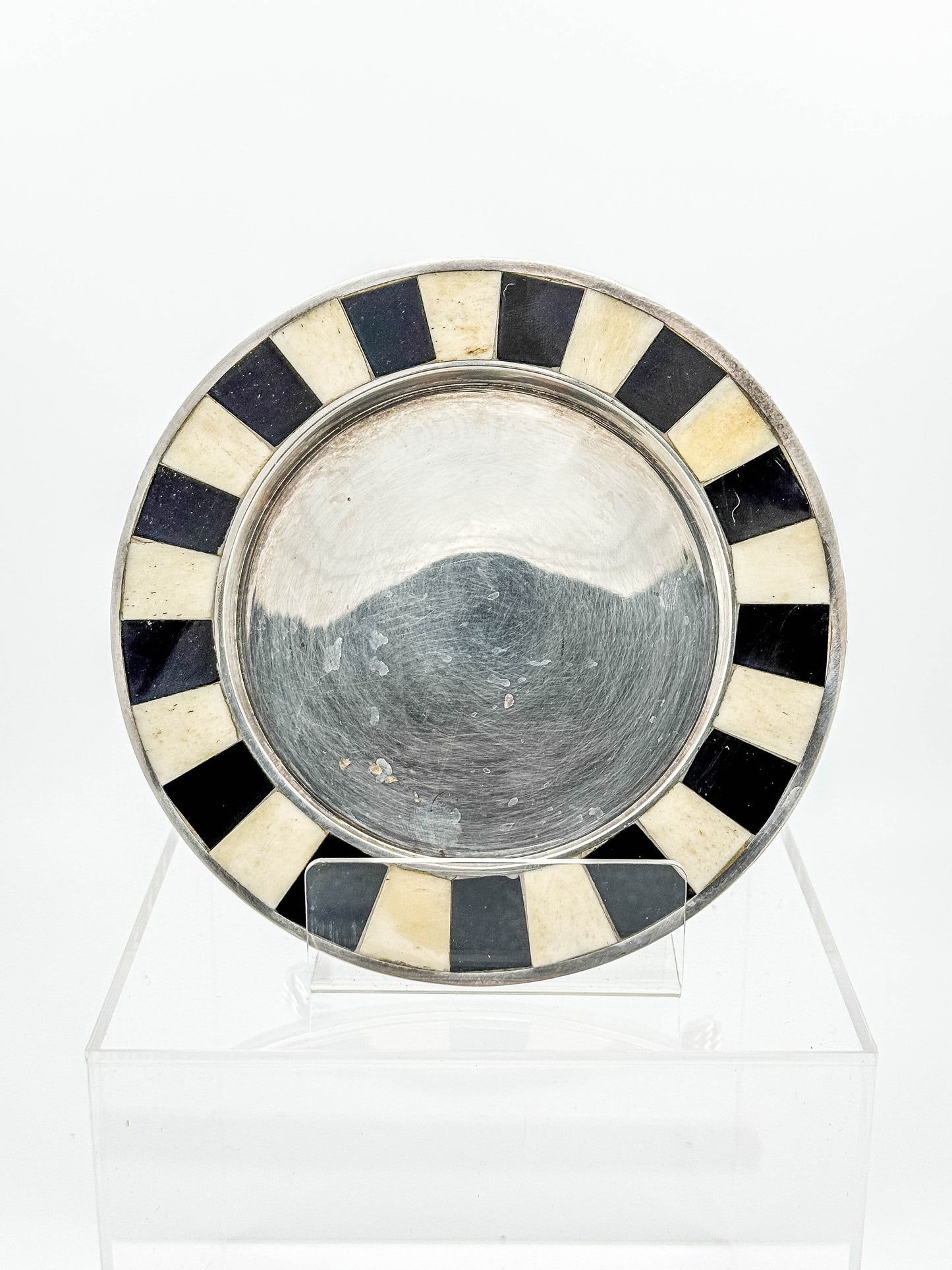 Vintage Silver Plate Footed Dish – Black & Bone Inlay