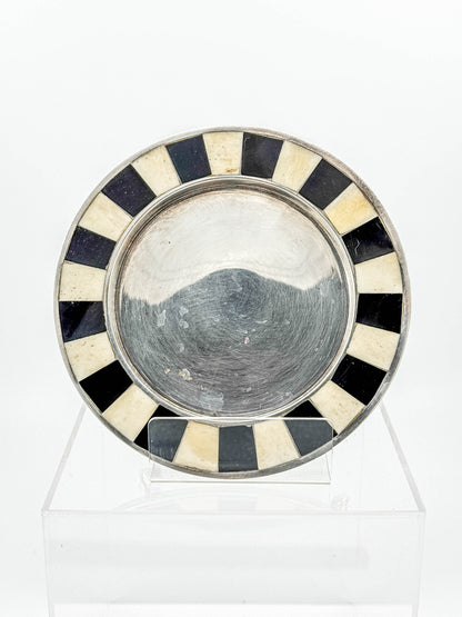 Vintage Silver Plate Footed Dish – Black & Bone Inlay