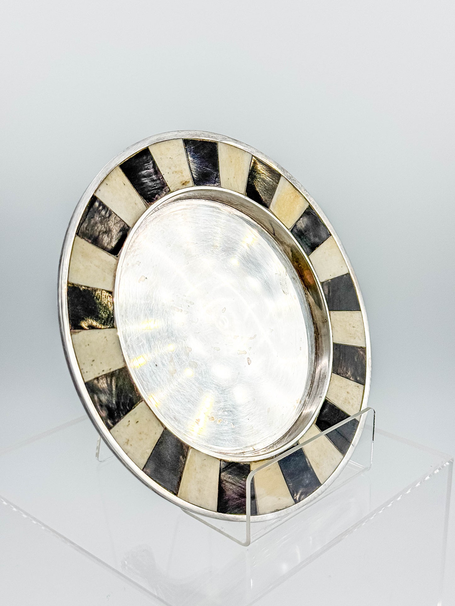 Vintage Silver Plate Footed Dish – Black & Bone Inlay