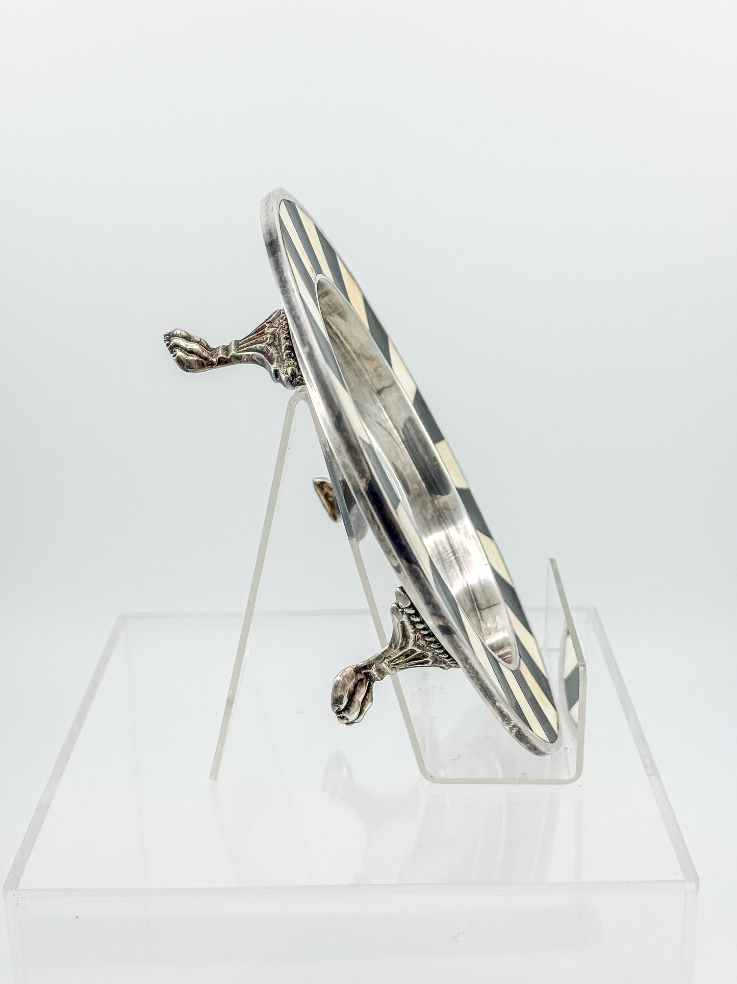 Vintage Silver Plate Footed Dish – Black & Bone Inlay