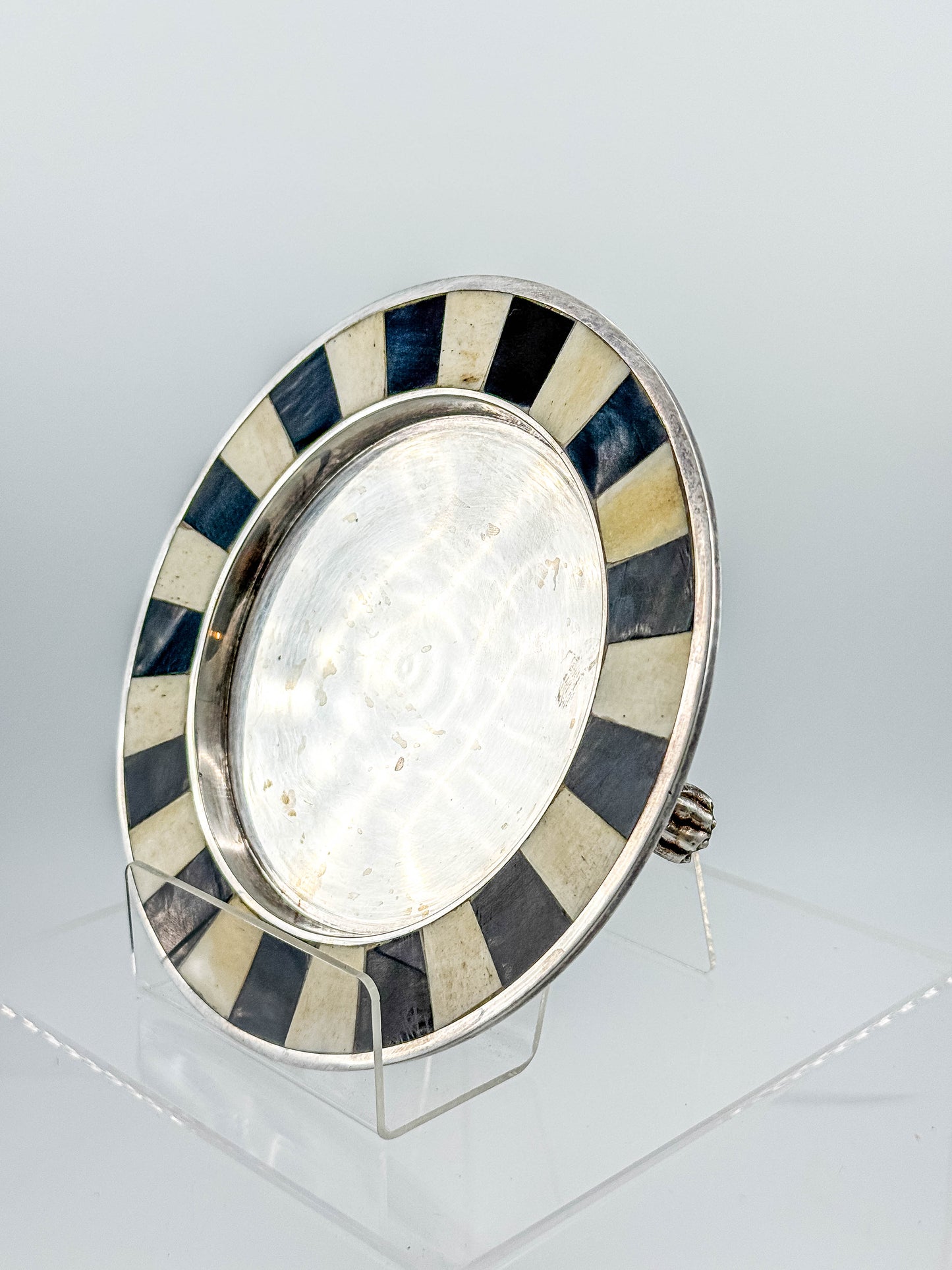 Vintage Silver Plate Footed Dish – Black & Bone Inlay