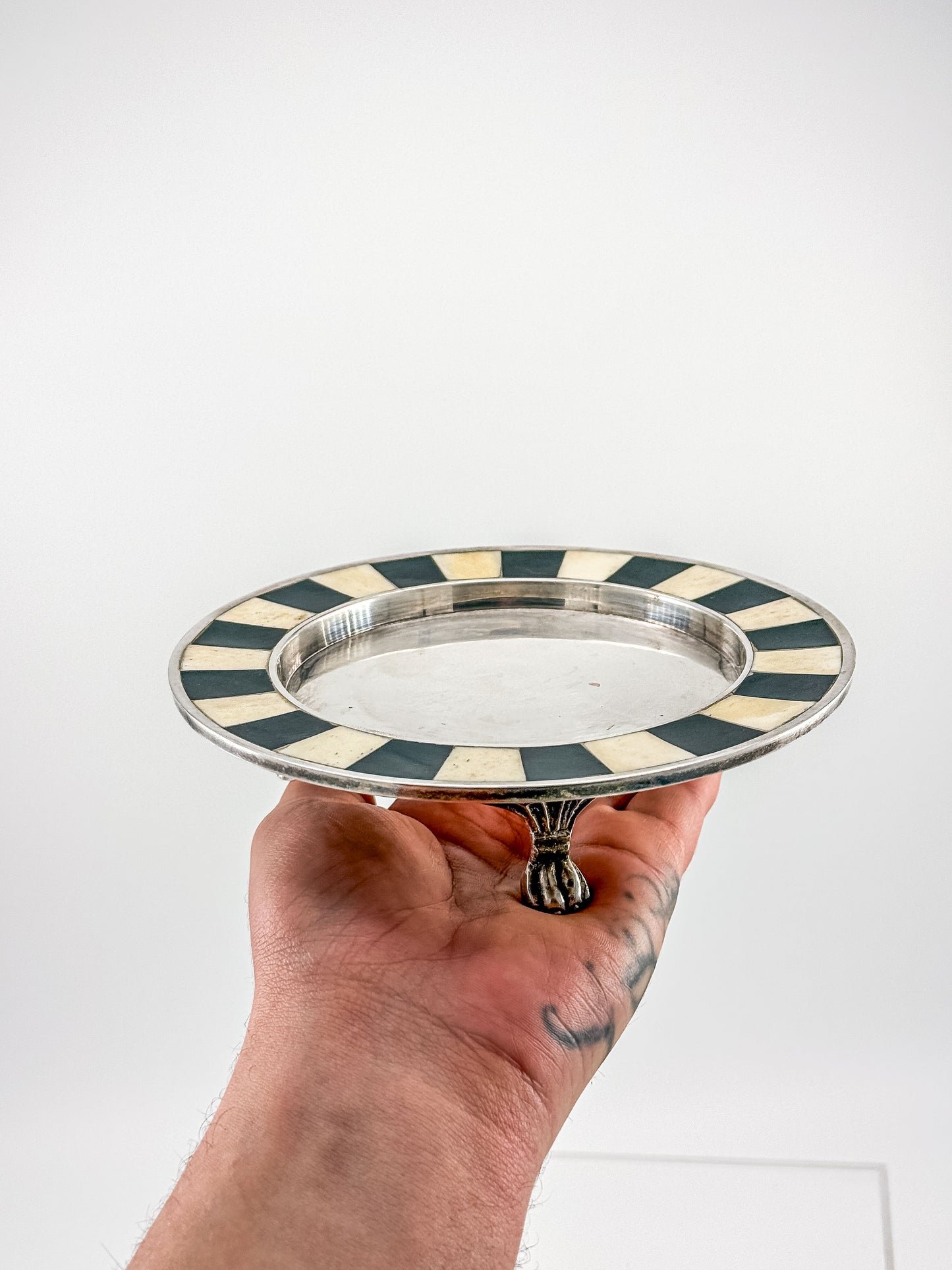 Vintage Silver Plate Footed Dish – Black & Bone Inlay