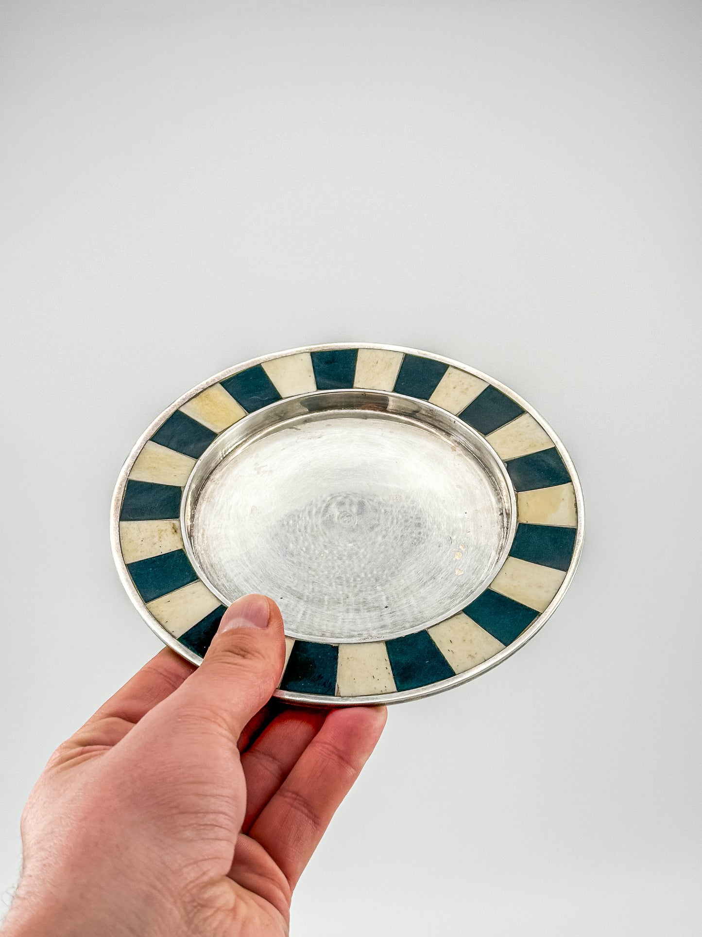Vintage Silver Plate Footed Dish – Black & Bone Inlay