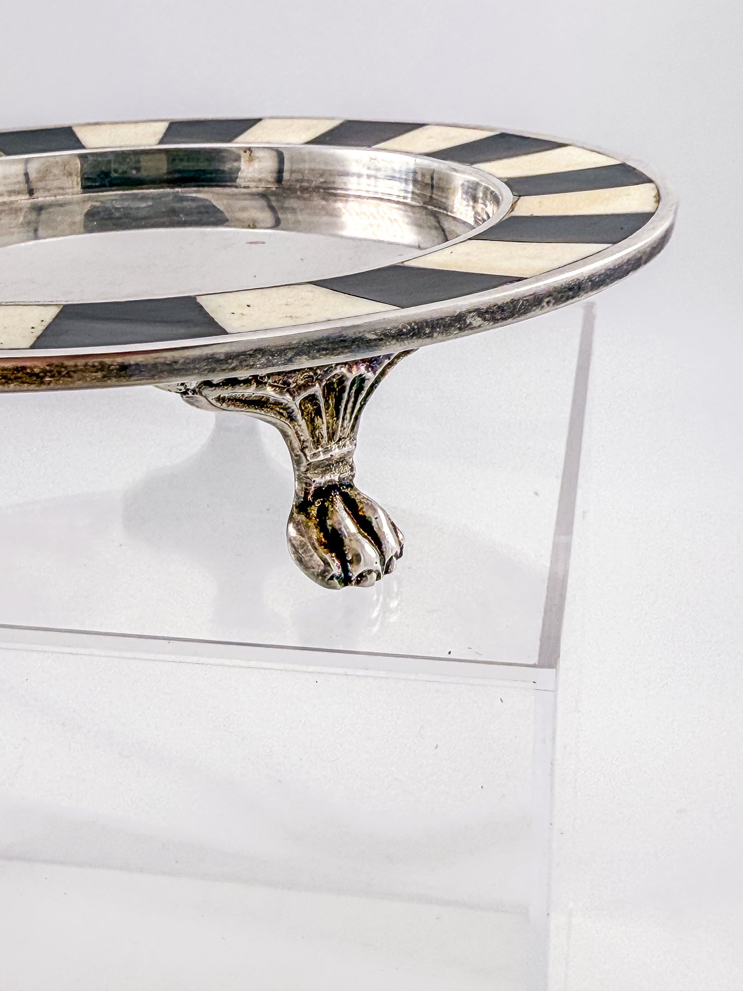 Vintage Silver Plate Footed Dish – Black & Bone Inlay