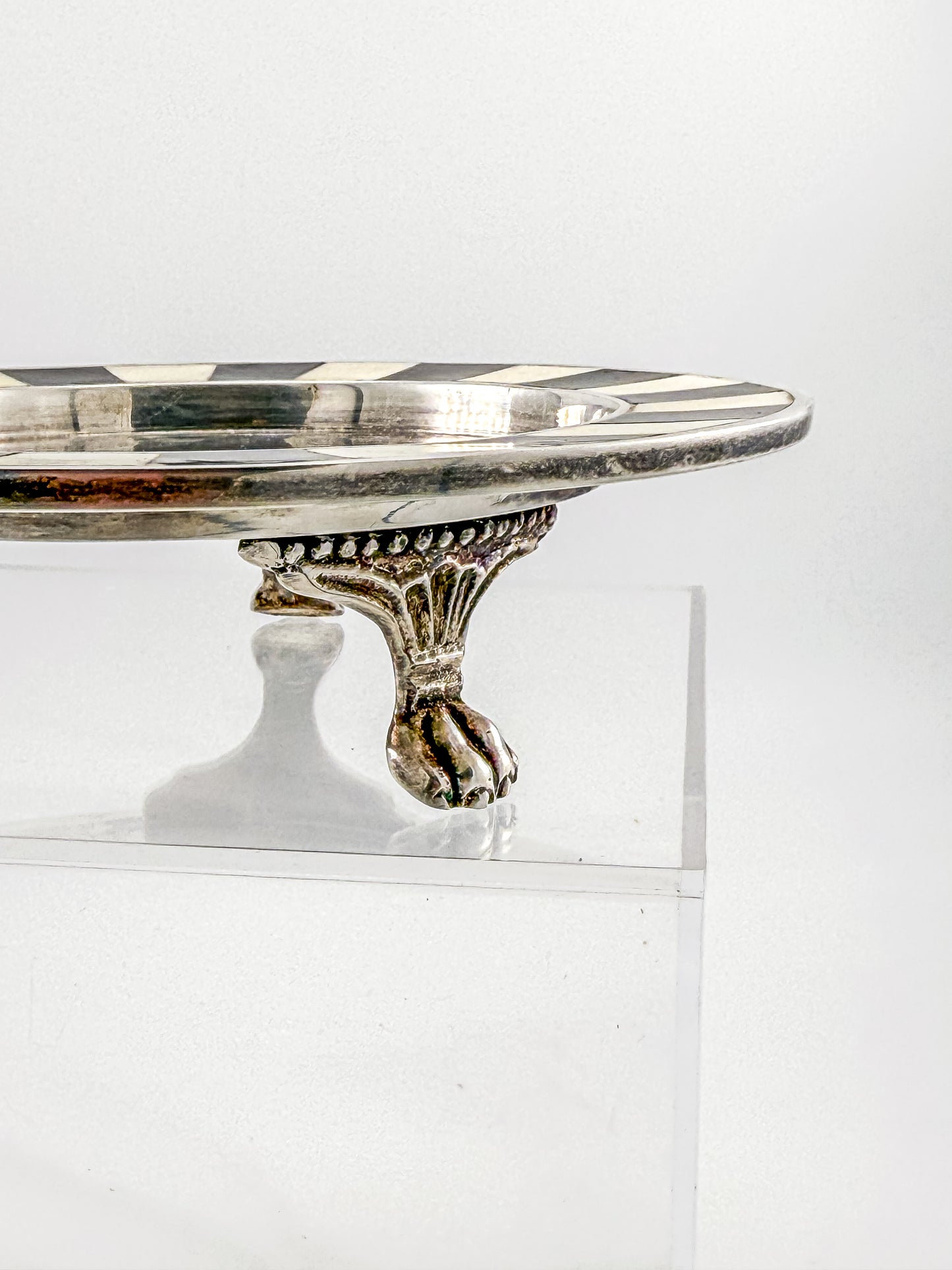 Vintage Silver Plate Footed Dish – Black & Bone Inlay