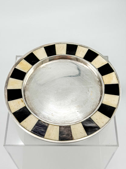 Vintage Silver Plate Footed Dish – Black & Bone Inlay
