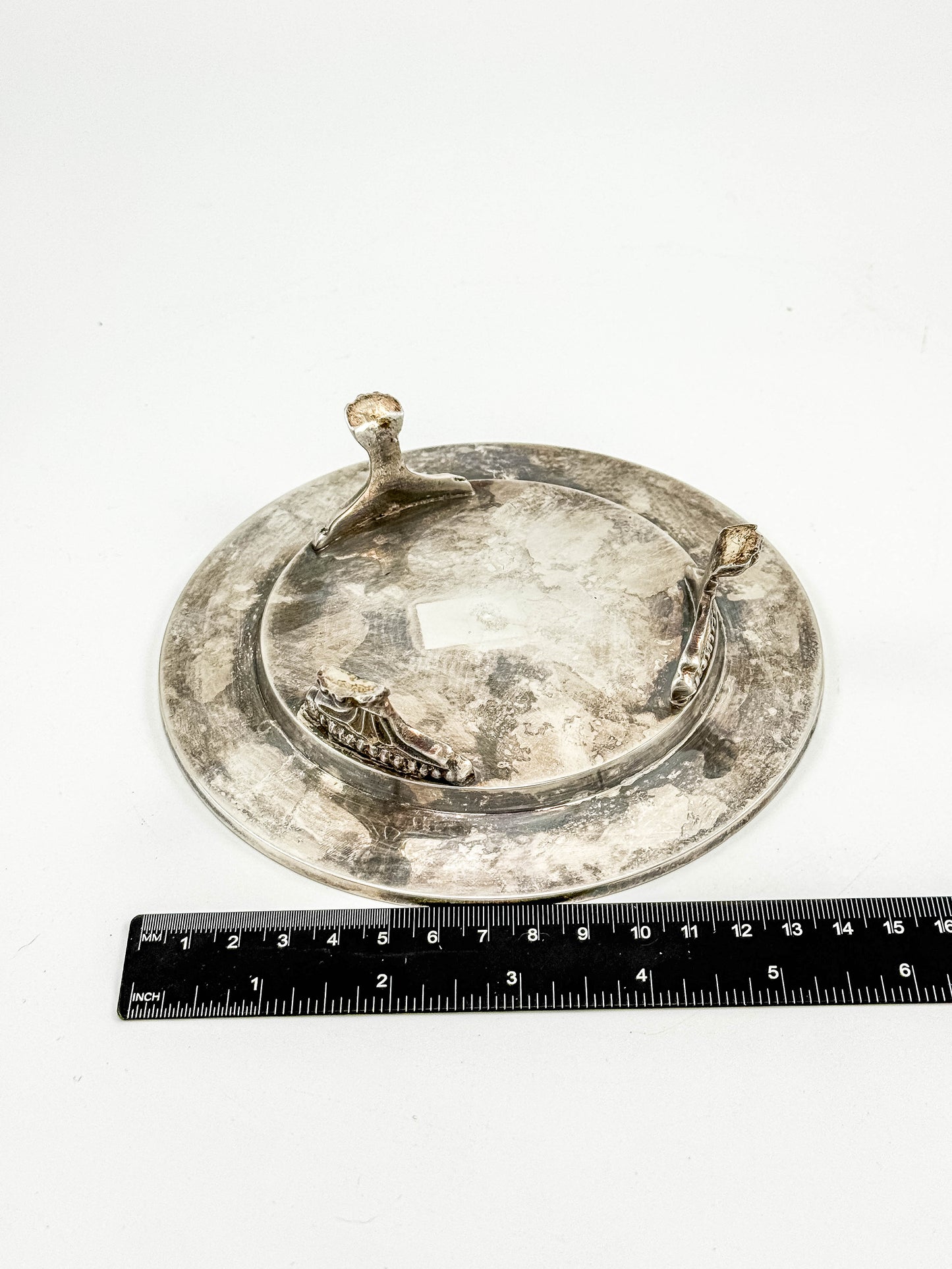 Vintage Silver Plate Footed Dish – Black & Bone Inlay
