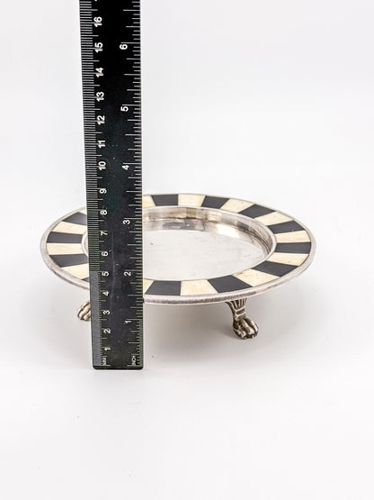 Vintage Silver Plate Footed Dish – Black & Bone Inlay