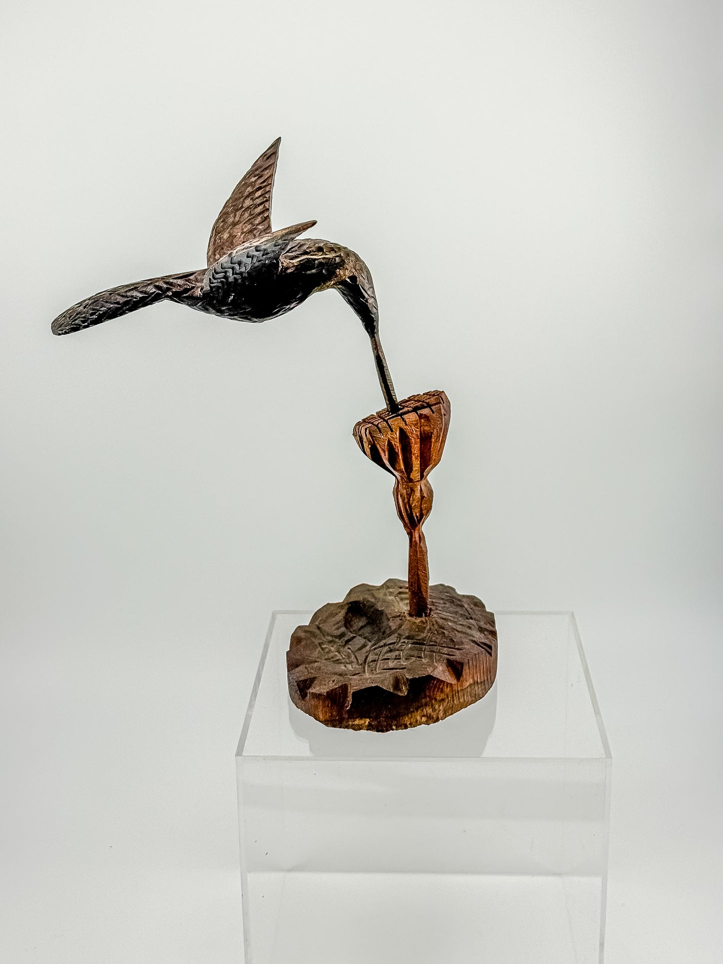 Hand-Carved Wood Hummingbird Sculpture – Folk Art Bird Figurine