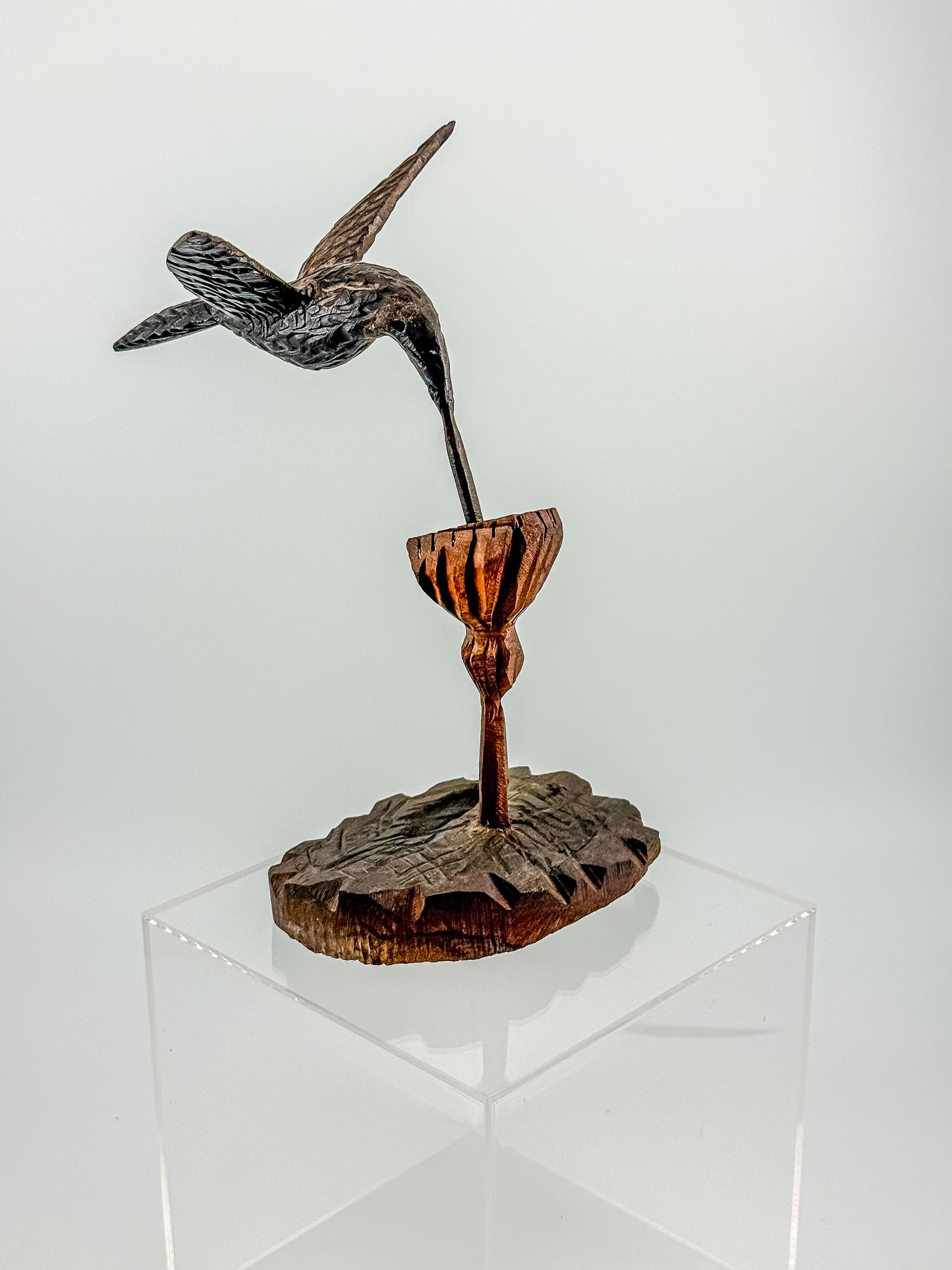 Hand-Carved Wood Hummingbird Sculpture – Folk Art Bird Figurine