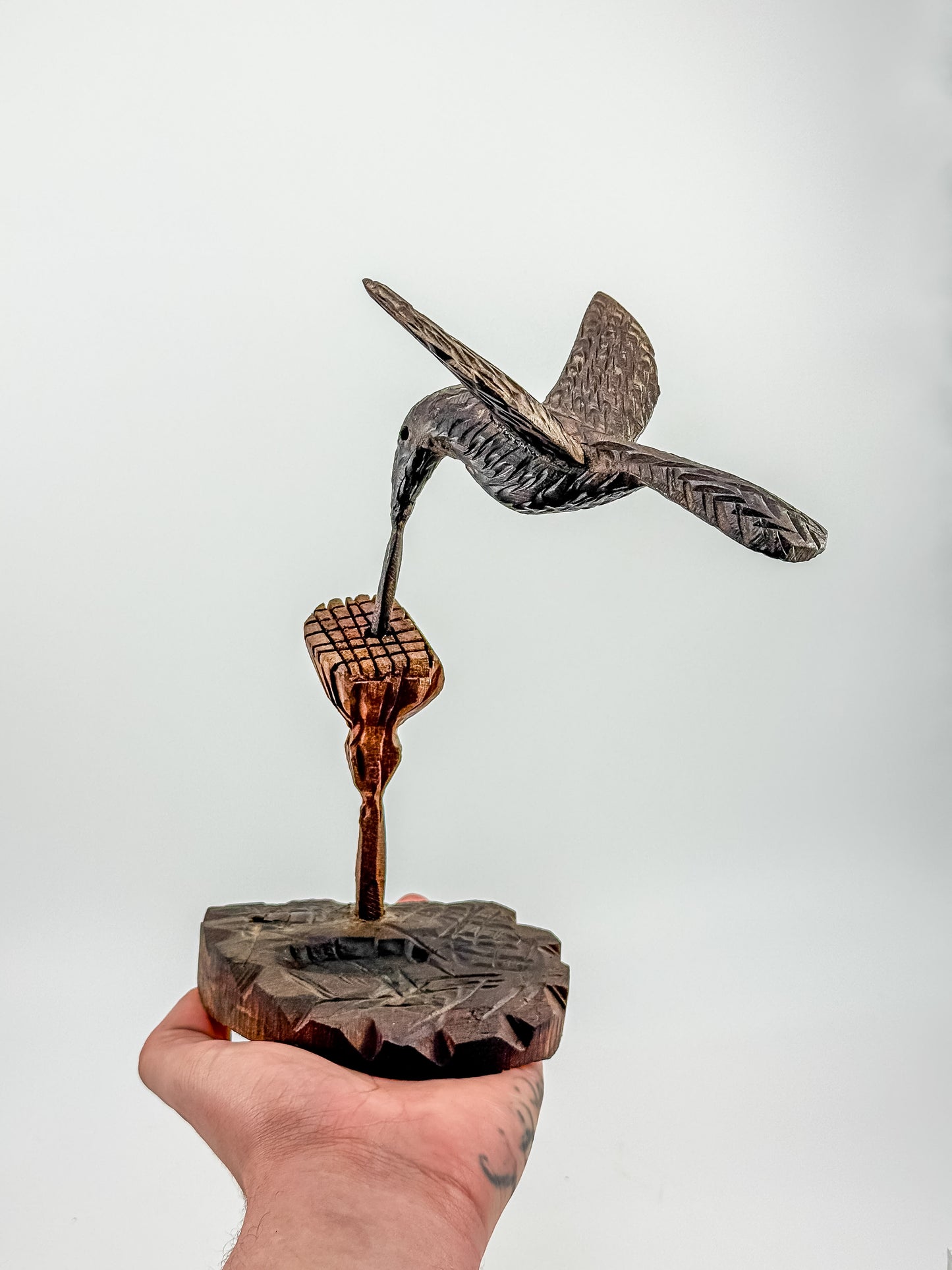 Hand-Carved Wood Hummingbird Sculpture – Folk Art Bird Figurine