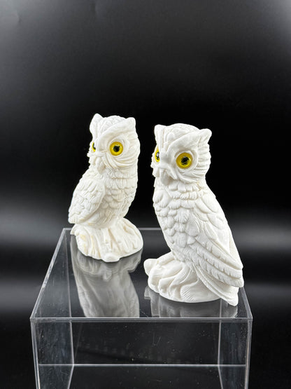 Pair of Vintage White Bisque Ceramic Owl Figurines with Yellow Eyes