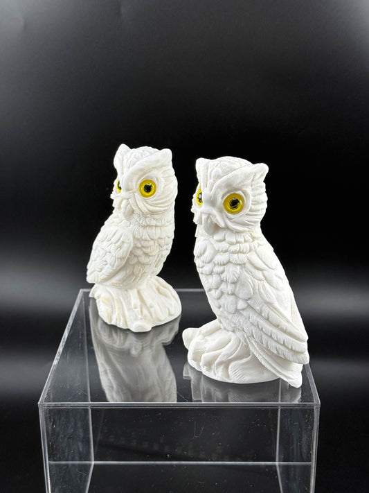 Pair of Vintage White Bisque Ceramic Owl Figurines with Yellow Eyes