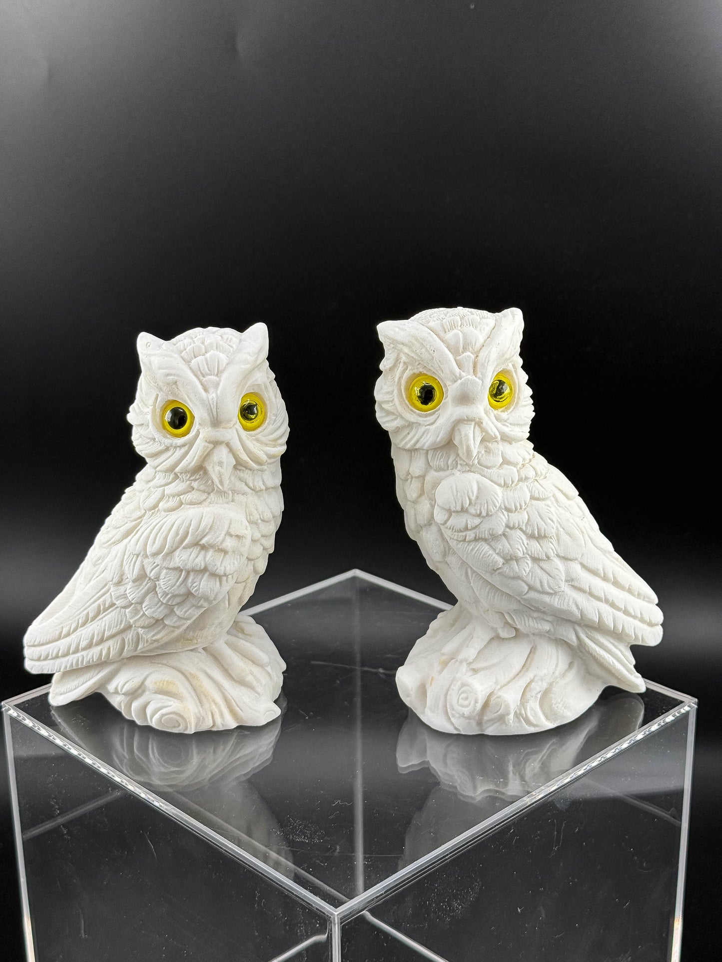 Pair of Vintage White Bisque Ceramic Owl Figurines with Yellow Eyes