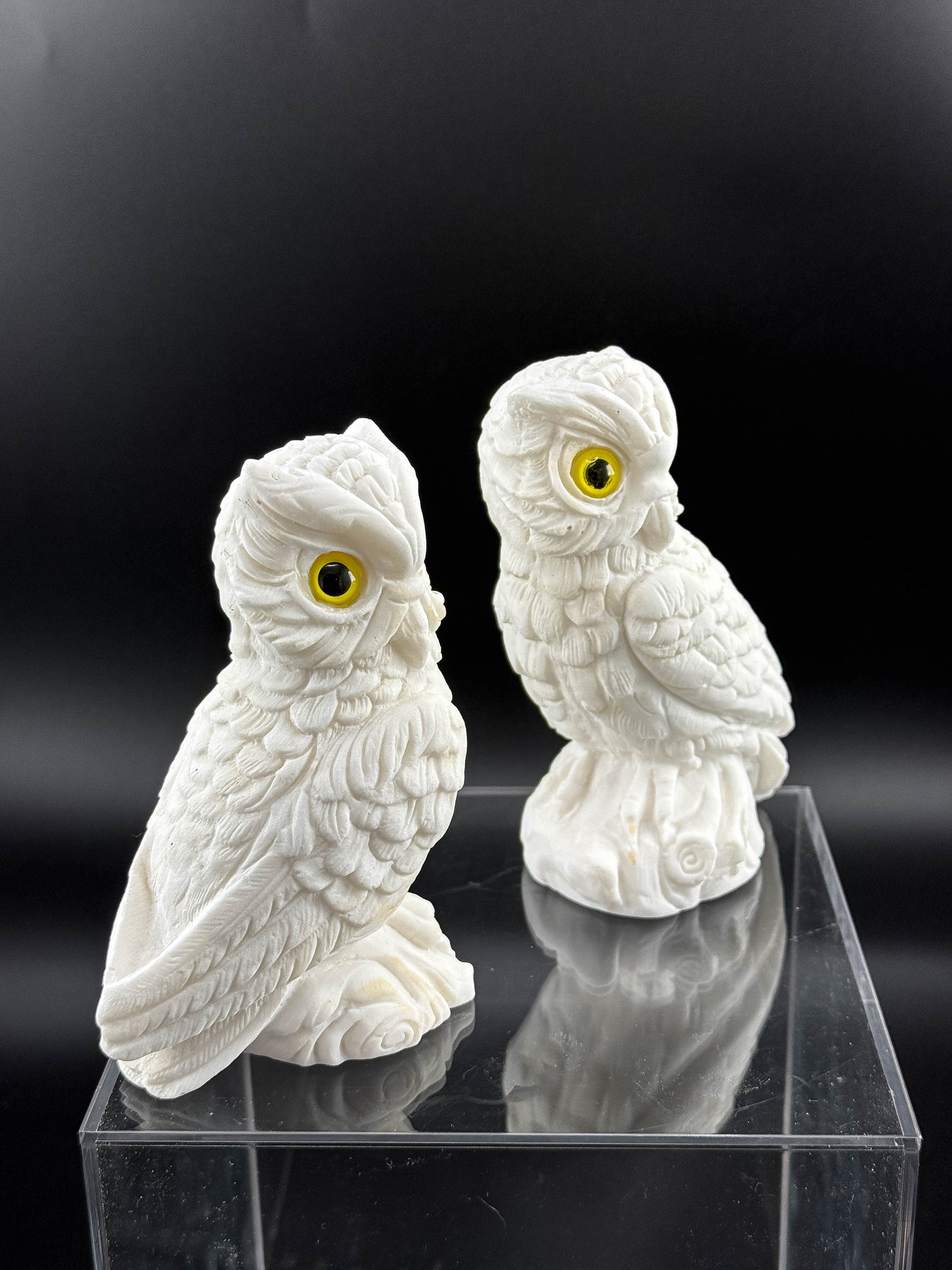 Pair of Vintage White Bisque Ceramic Owl Figurines with Yellow Eyes