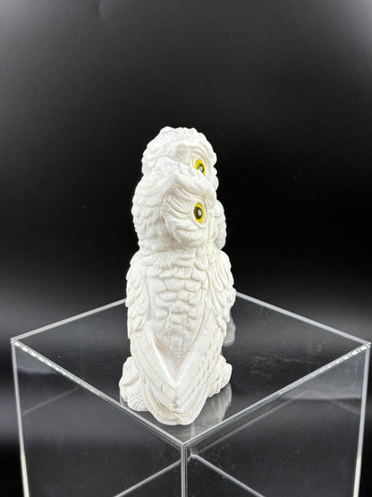 Pair of Vintage White Bisque Ceramic Owl Figurines with Yellow Eyes
