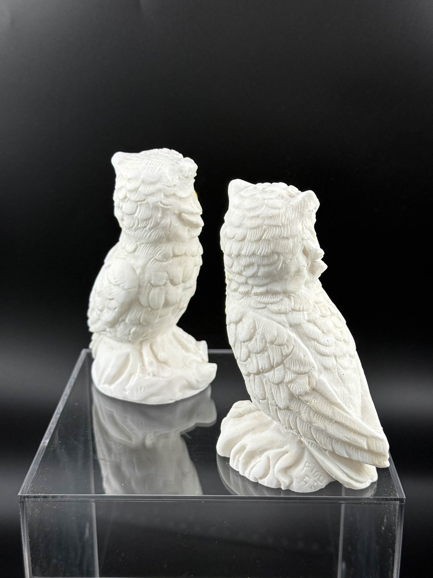Pair of Vintage White Bisque Ceramic Owl Figurines with Yellow Eyes