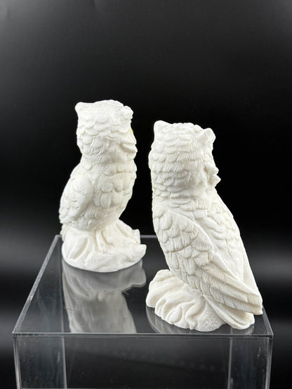 Pair of Vintage White Bisque Ceramic Owl Figurines with Yellow Eyes