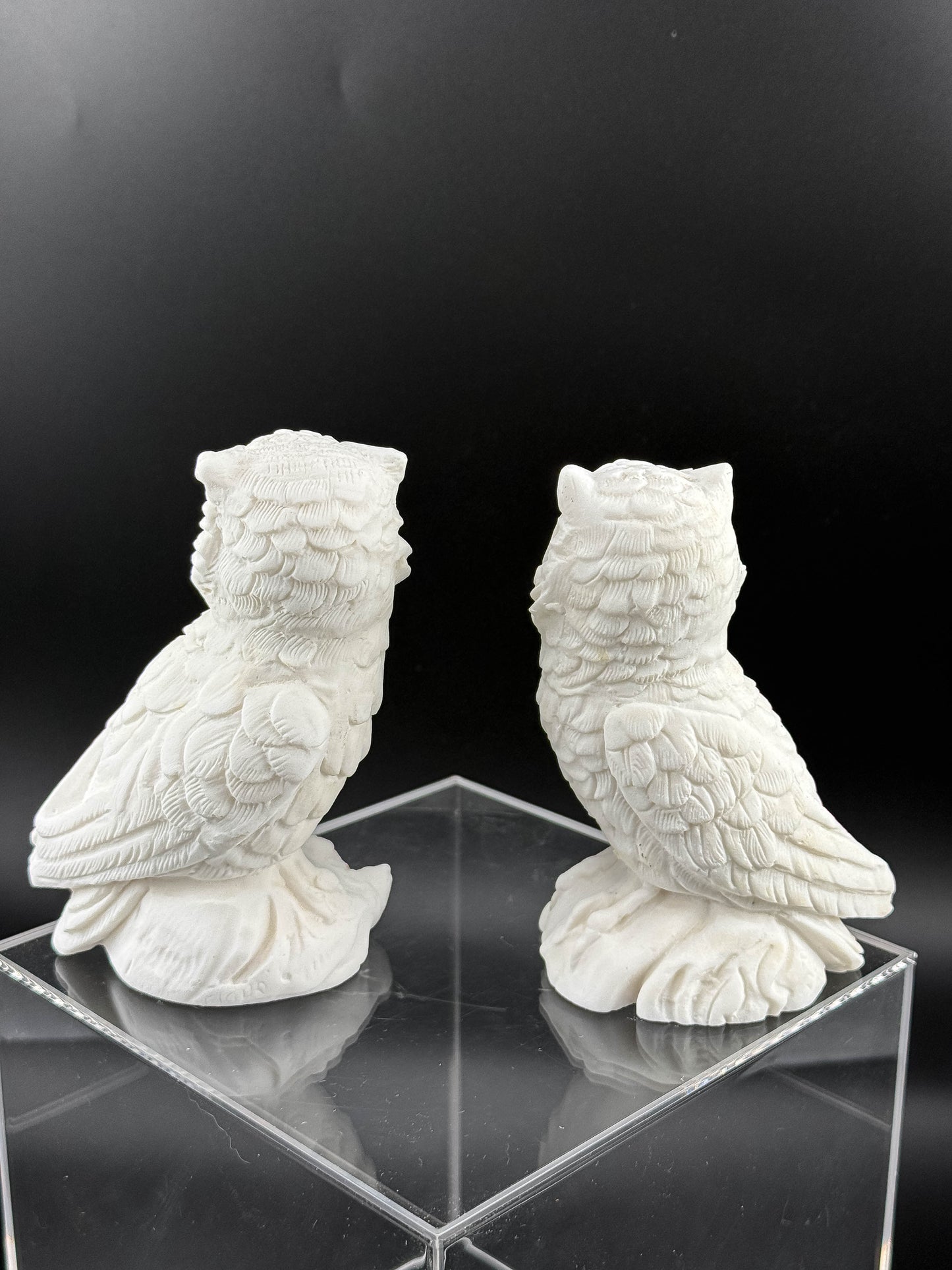 Pair of Vintage White Bisque Ceramic Owl Figurines with Yellow Eyes