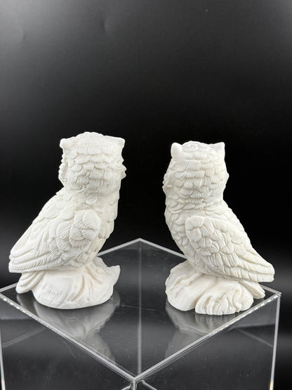 Pair of Vintage White Bisque Ceramic Owl Figurines with Yellow Eyes