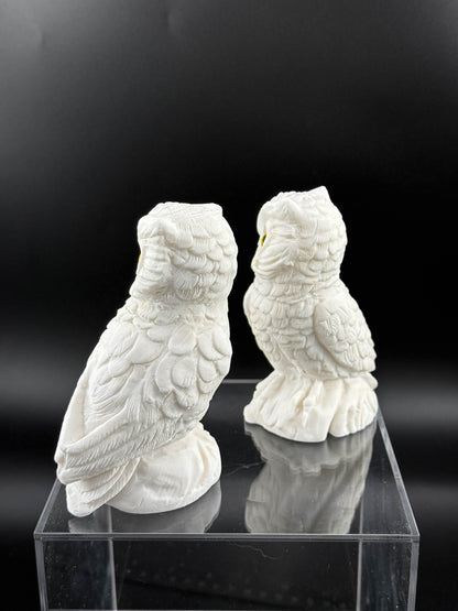 Pair of Vintage White Bisque Ceramic Owl Figurines with Yellow Eyes