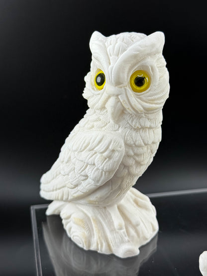 Pair of Vintage White Bisque Ceramic Owl Figurines with Yellow Eyes