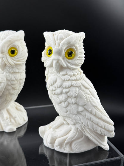 Pair of Vintage White Bisque Ceramic Owl Figurines with Yellow Eyes