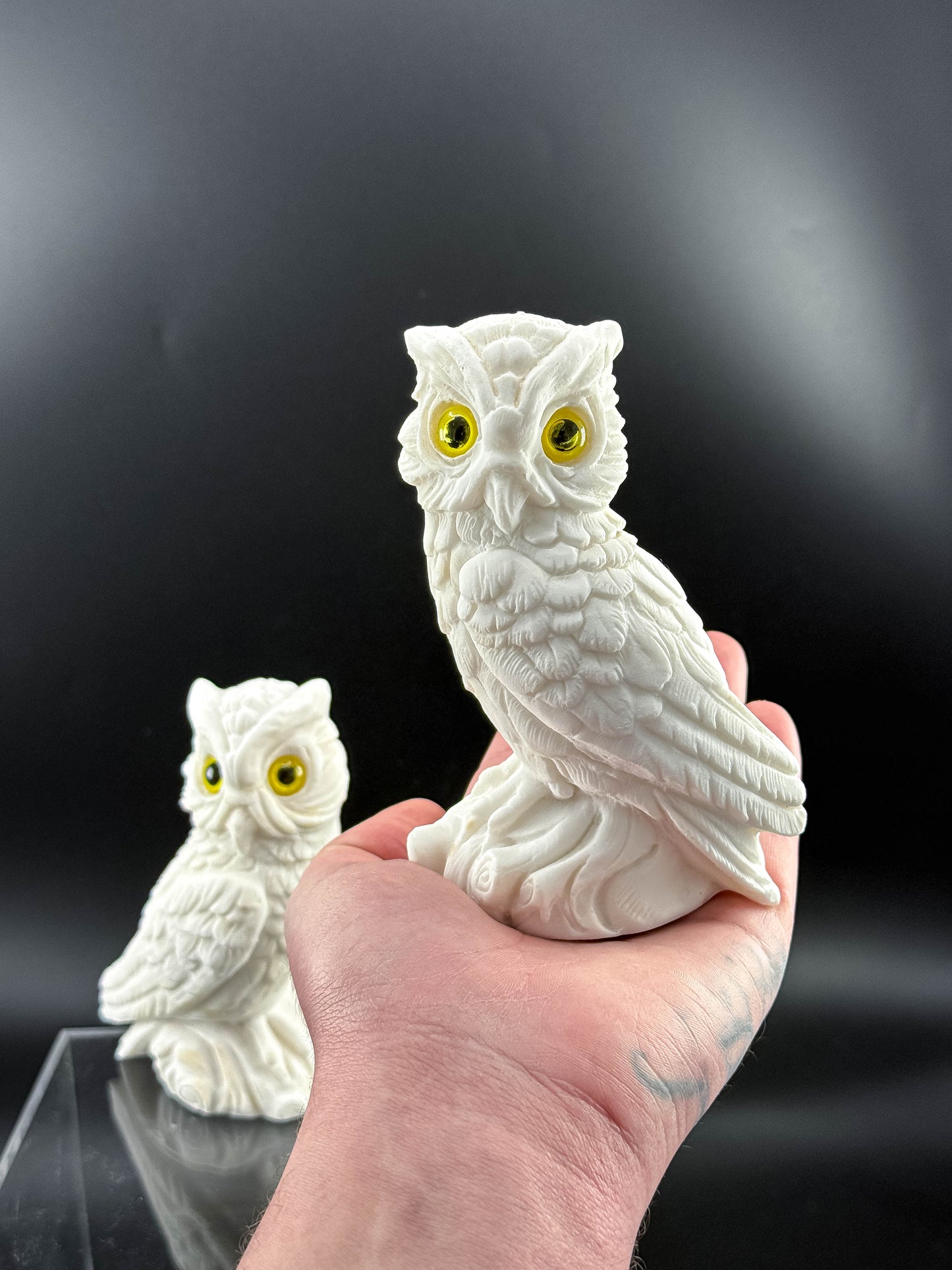 Pair of Vintage White Bisque Ceramic Owl Figurines with Yellow Eyes