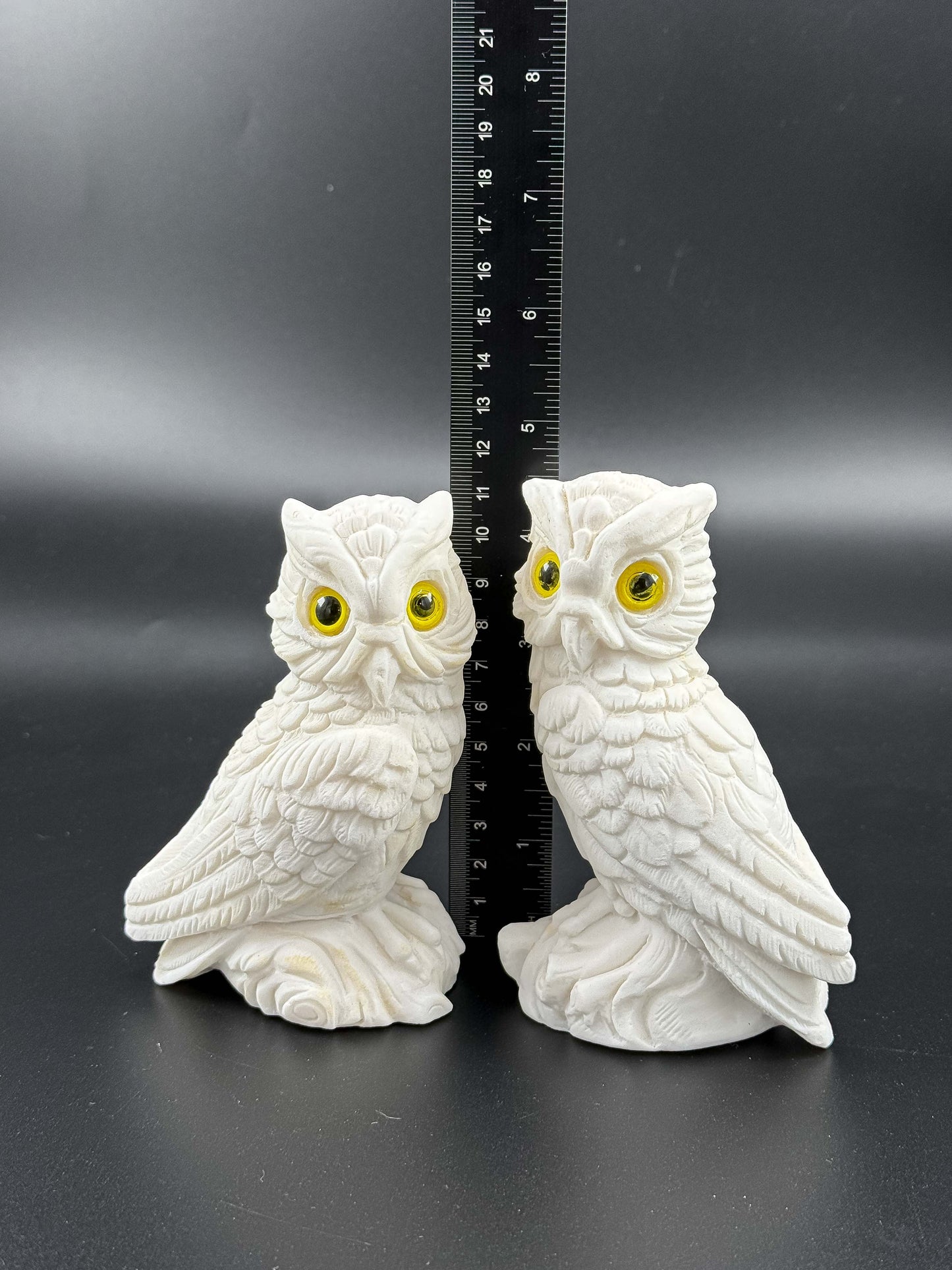 Pair of Vintage White Bisque Ceramic Owl Figurines with Yellow Eyes