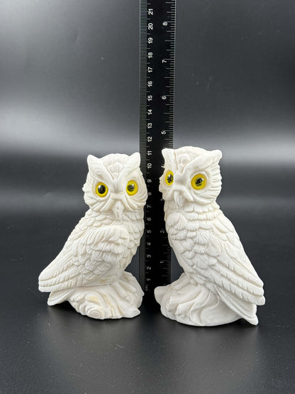 Pair of Vintage White Bisque Ceramic Owl Figurines with Yellow Eyes