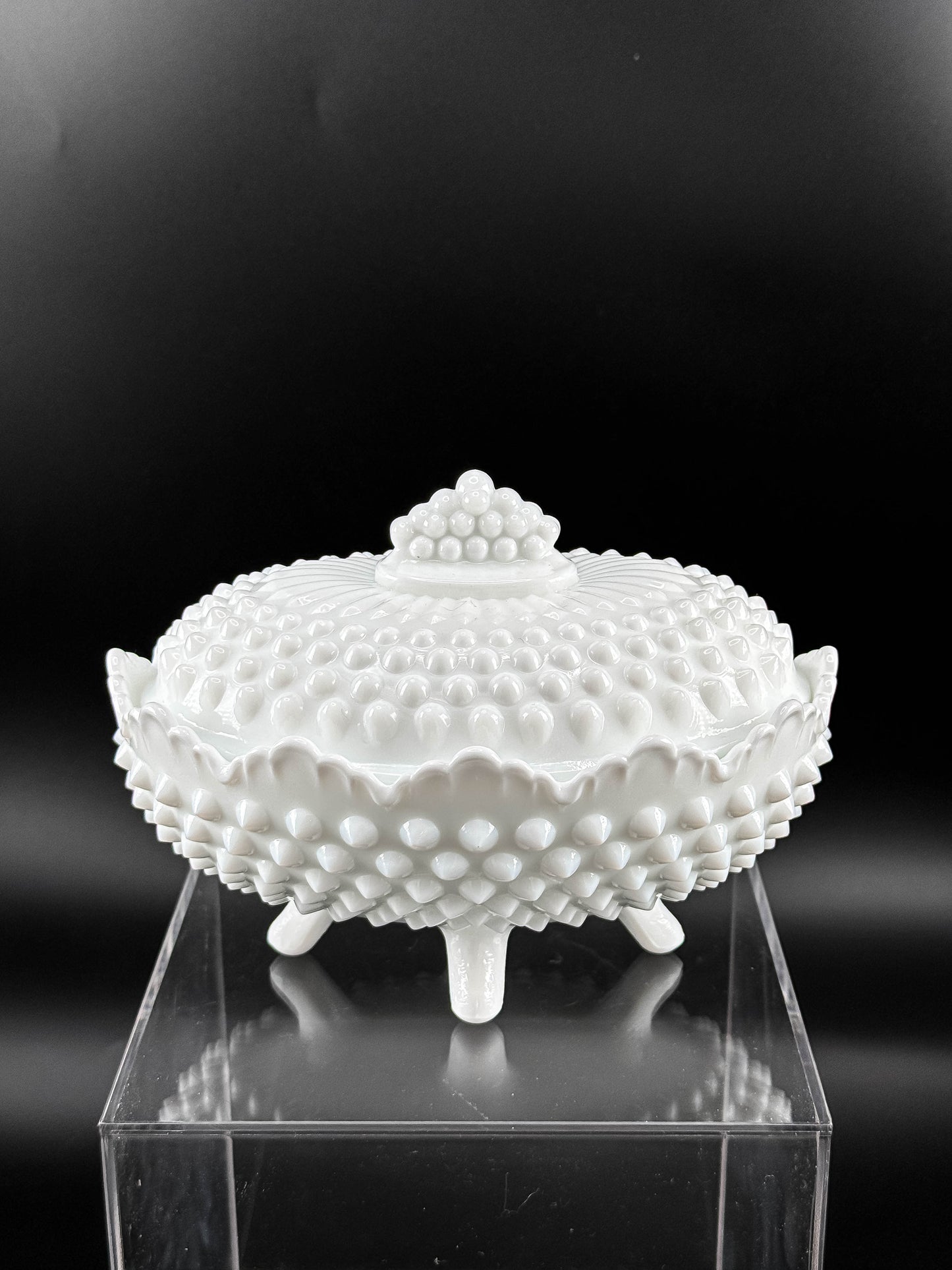 Oval White Hobnail Milk Glass Footed Covered Dish