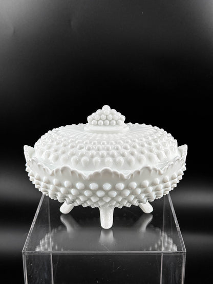 Oval White Hobnail Milk Glass Footed Covered Dish