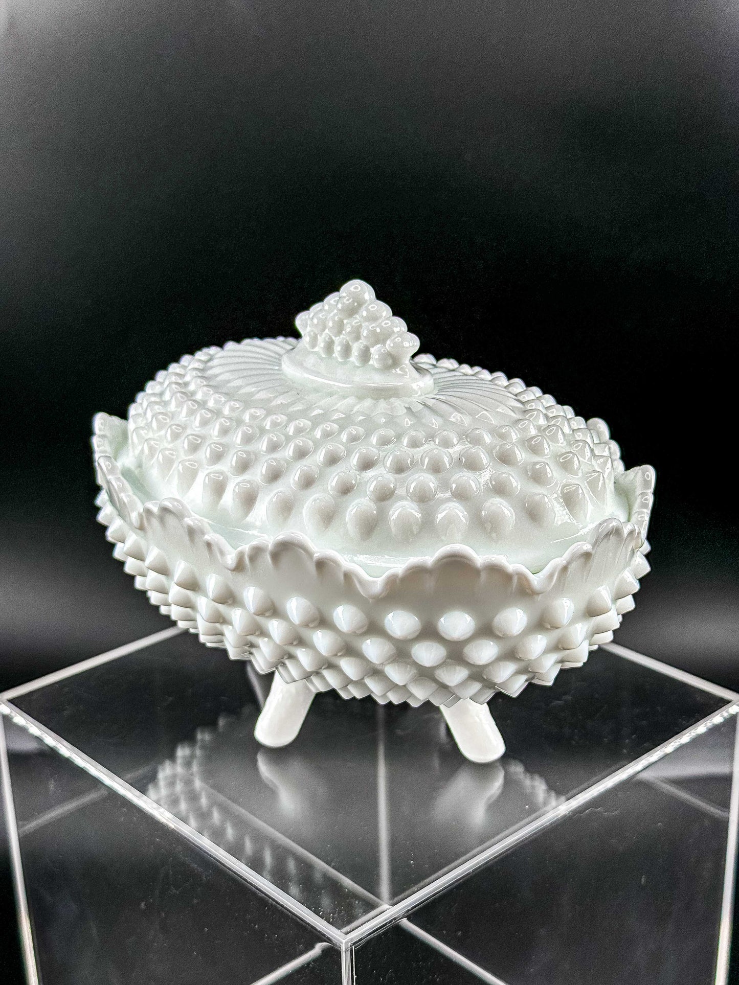 Oval White Hobnail Milk Glass Footed Covered Dish