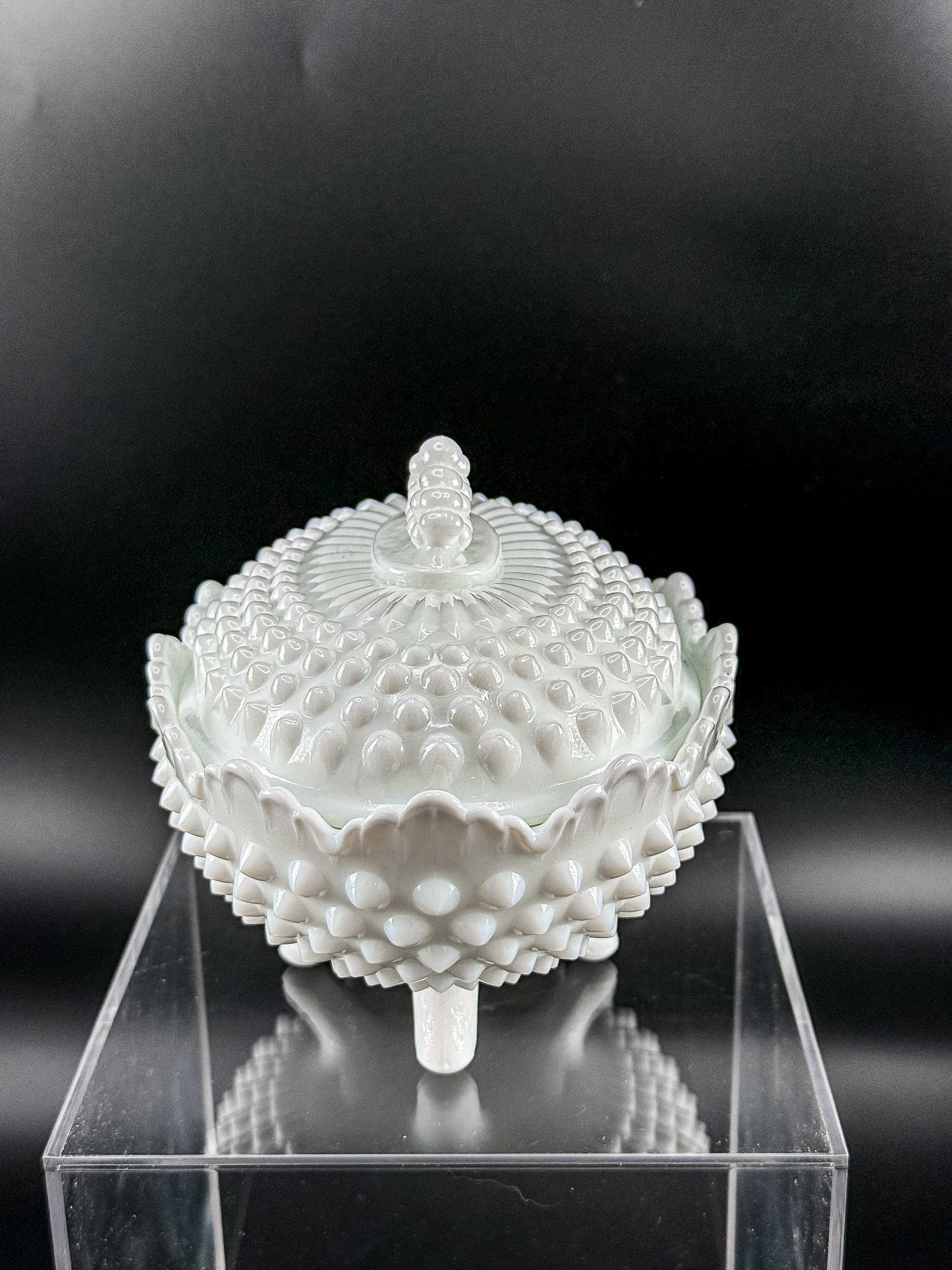 Oval White Hobnail Milk Glass Footed Covered Dish