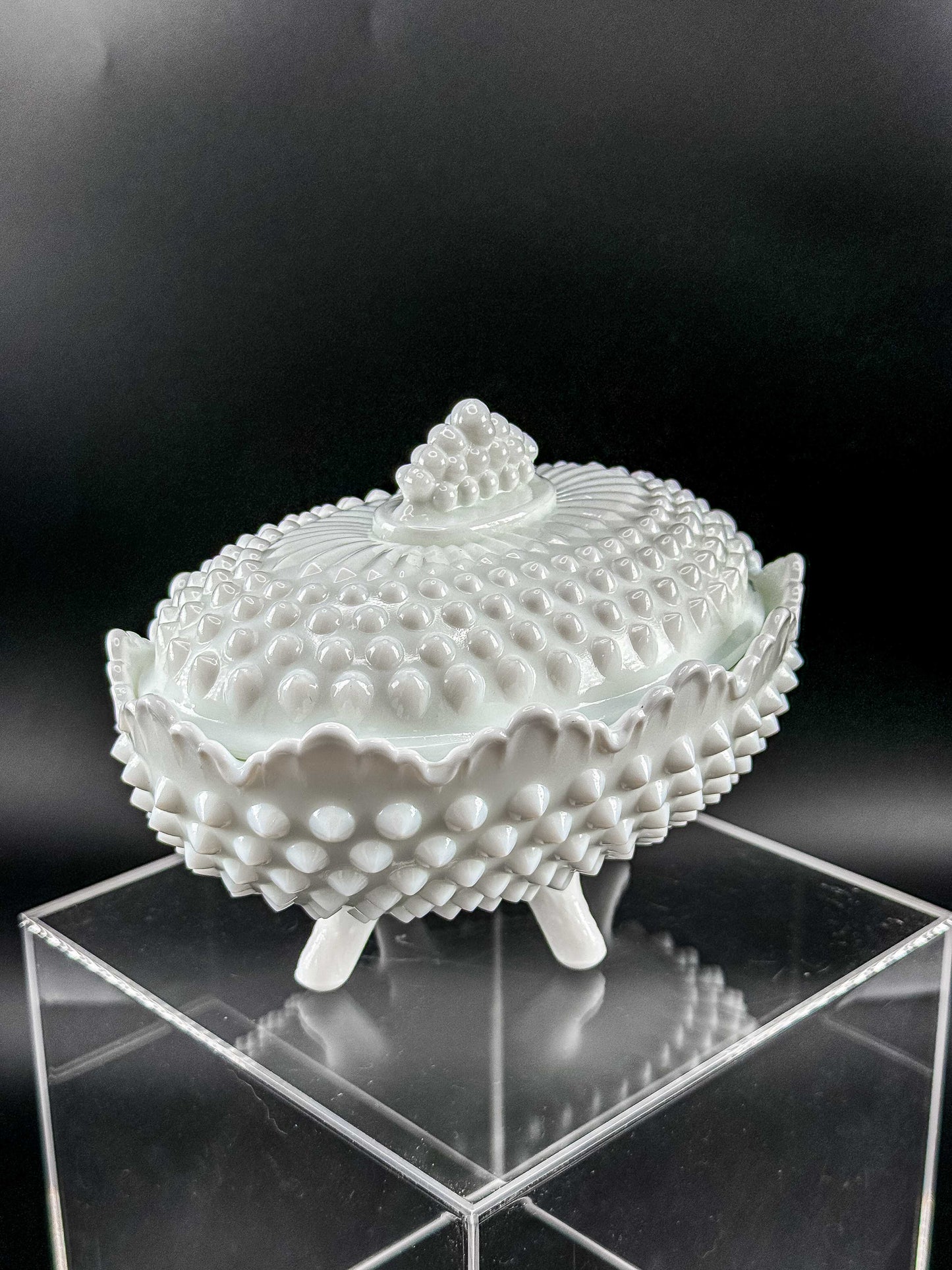 Oval White Hobnail Milk Glass Footed Covered Dish
