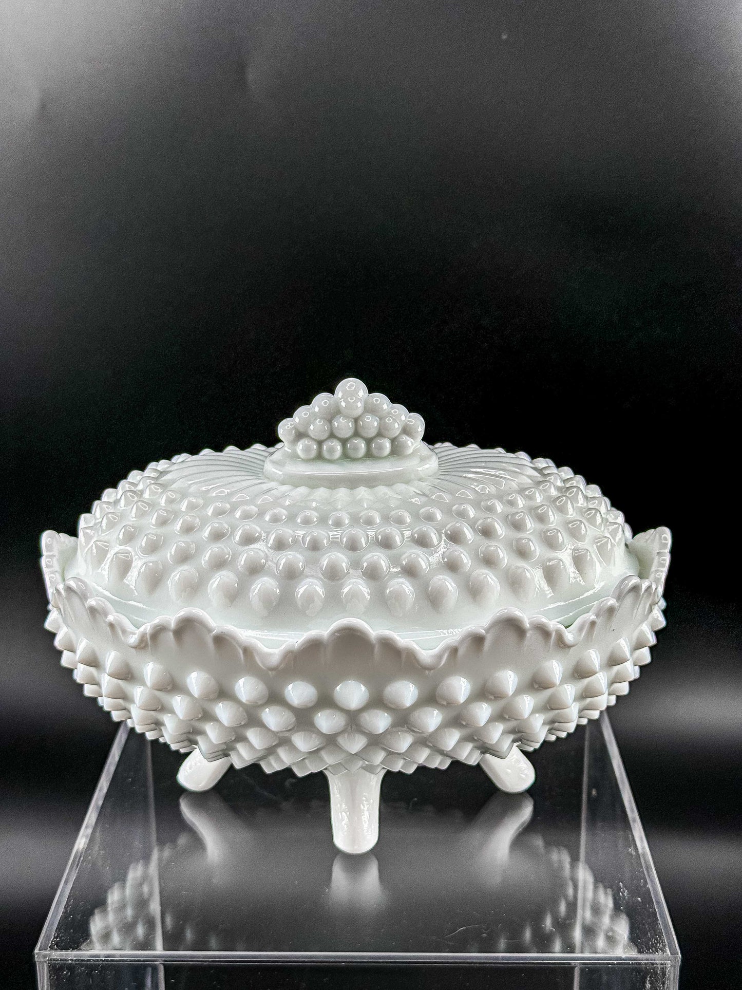 Oval White Hobnail Milk Glass Footed Covered Dish