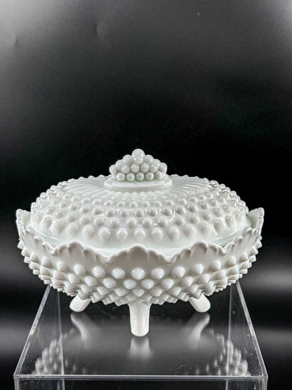 Oval White Hobnail Milk Glass Footed Covered Dish