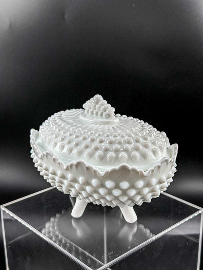 Oval White Hobnail Milk Glass Footed Covered Dish