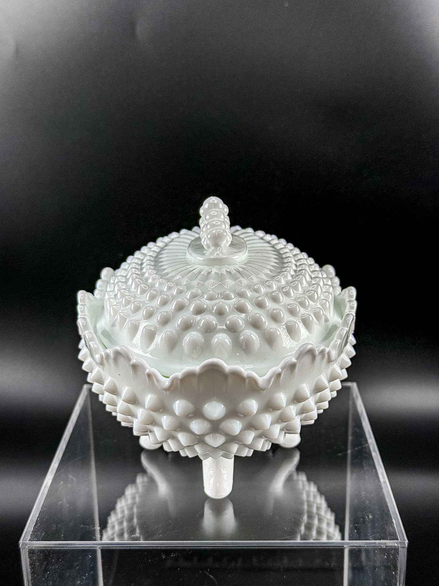 Oval White Hobnail Milk Glass Footed Covered Dish