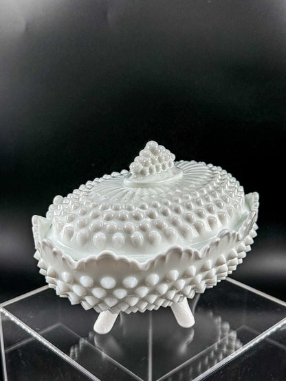 Oval White Hobnail Milk Glass Footed Covered Dish